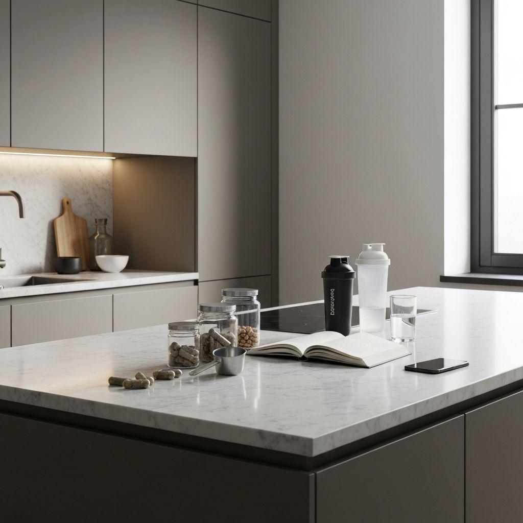 Moderneküche mit natürlichen Supplements auf Marmor-Insel