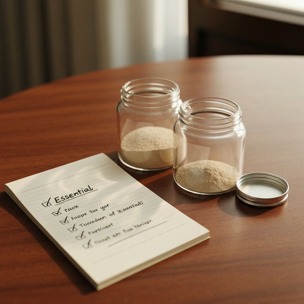 Zwei Supplement-Gläser auf Tisch, eines offen mit Pulver, Notizbuch mit Checkliste daneben