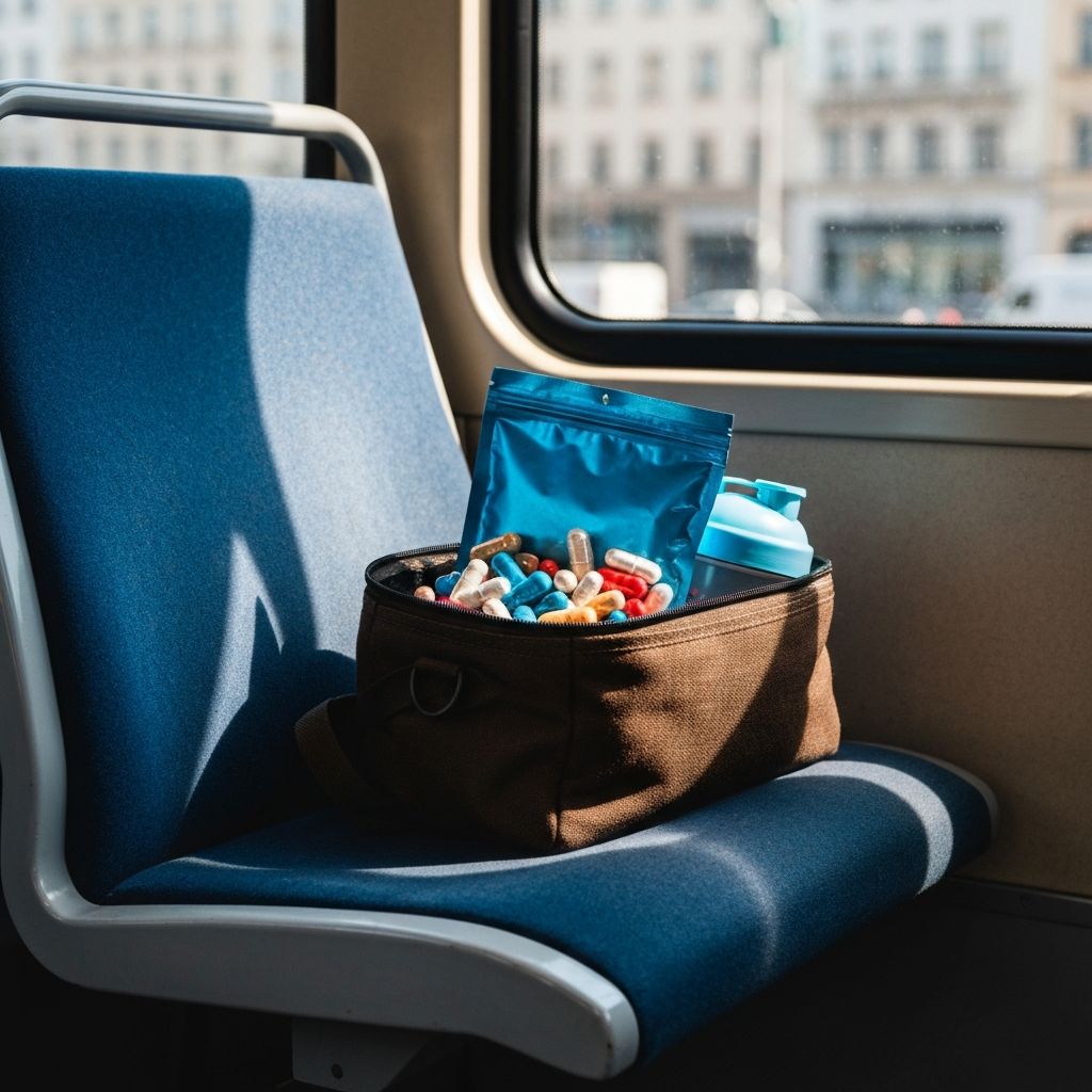 Kleine Supplement-Tasche in einer Reisetasche auf einer Straßenbahn