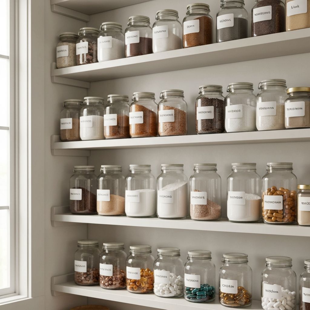 Sauberes offenes Regal mit gekennzeichneten Gläsern für Vitamine, Mineralien und Pulver